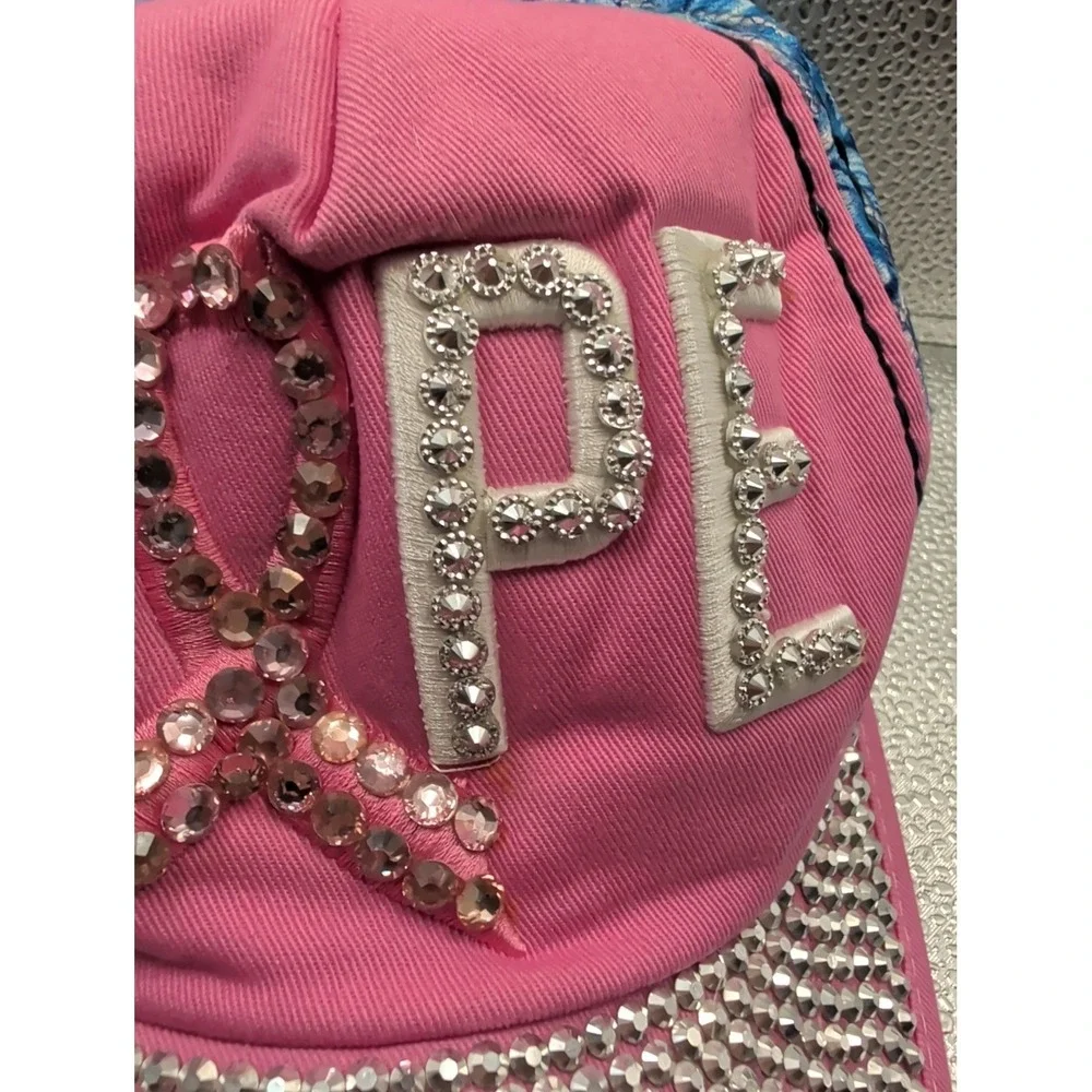 Bling Studded Cotton Denim Cap Breast Cancer Hope Pink Ribbon